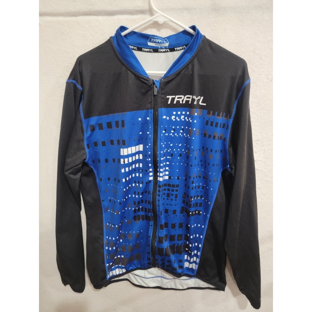 TRAYL Cycling Jersey XL Blue Black Full Zip Long‎ Sleeve MTB Road Bike Graphic